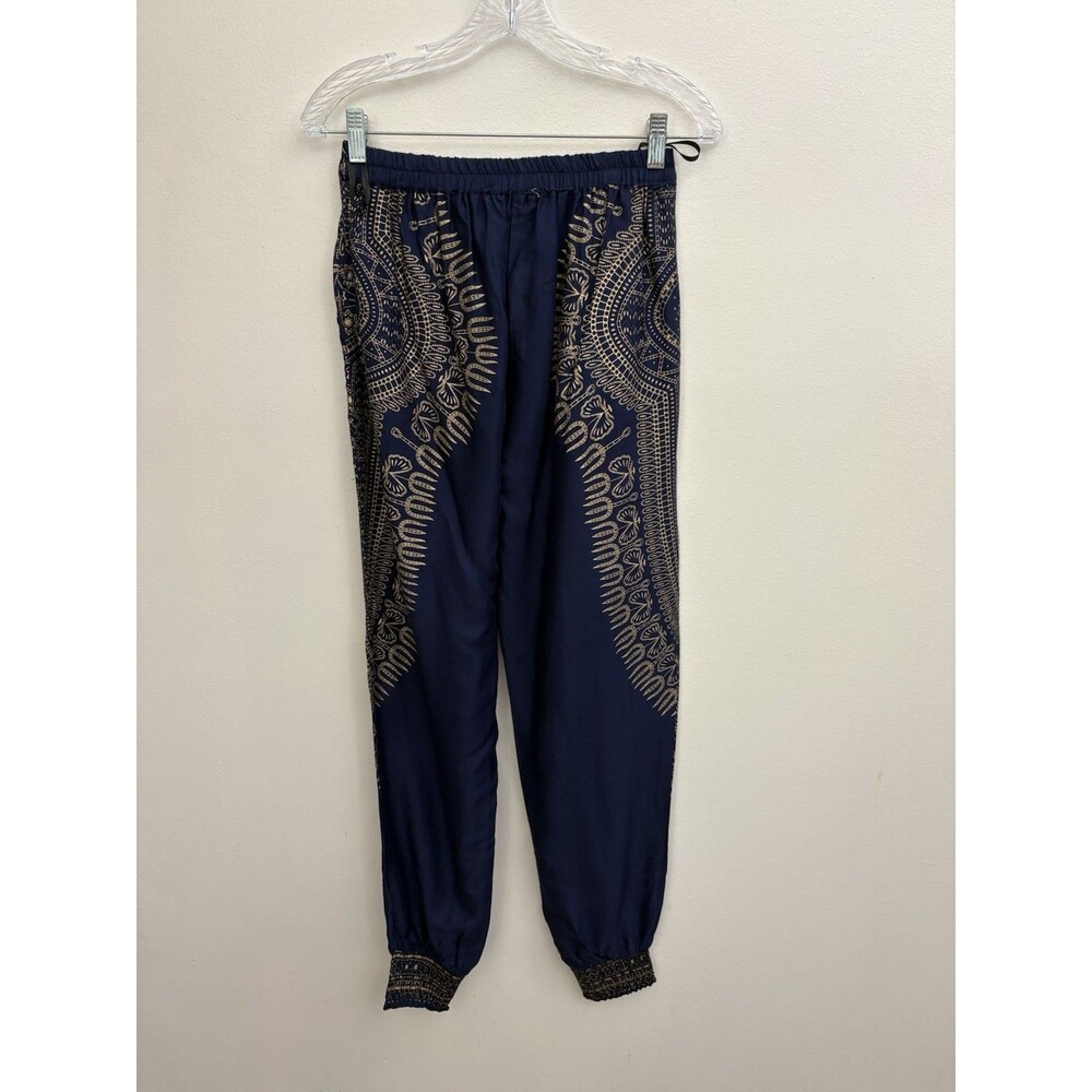 Lapogee Worldover Women Harem Pants M Blue Gold Boho Dashiki Yoga Smocked Waist - Picture 3 of 15